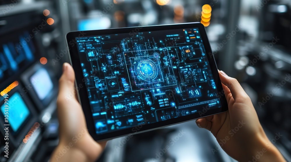 Poster hand holds tablet with an ar application checking order pick times, set against smart factory backgr