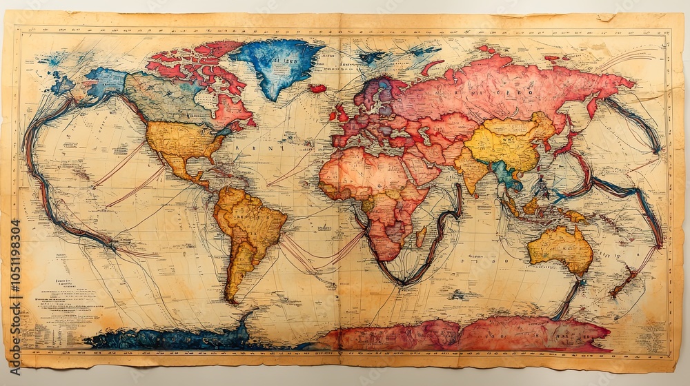 Poster hand-drawn map of the world with arrows showing trade routes, in multiple colors.illustration