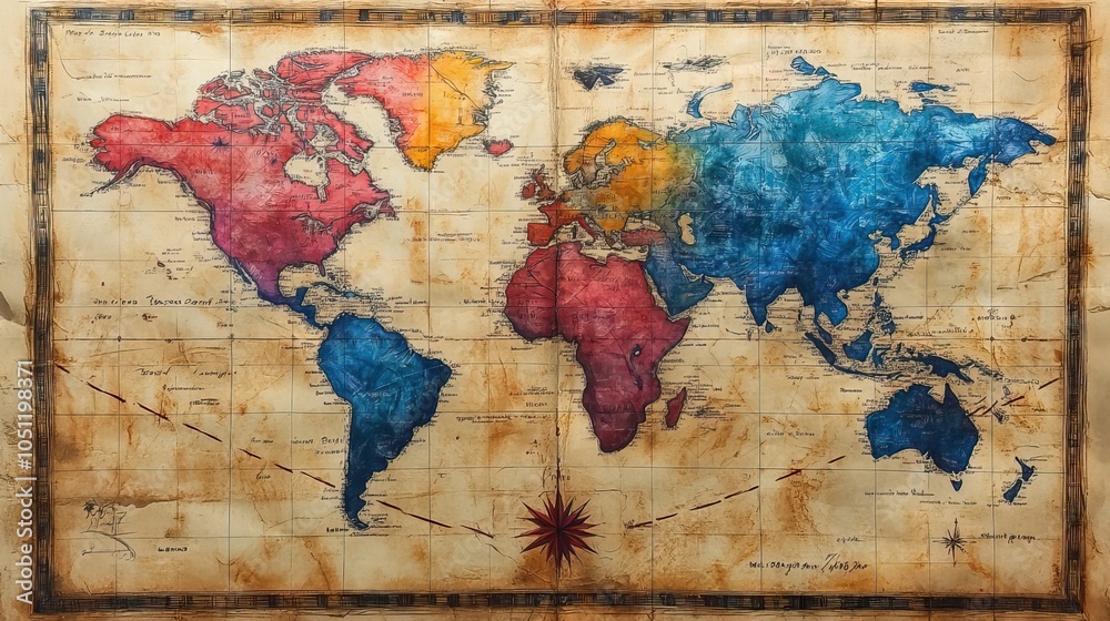 Poster hand-drawn map of the world with arrows showing trade routes, in multiple colors.stock photo