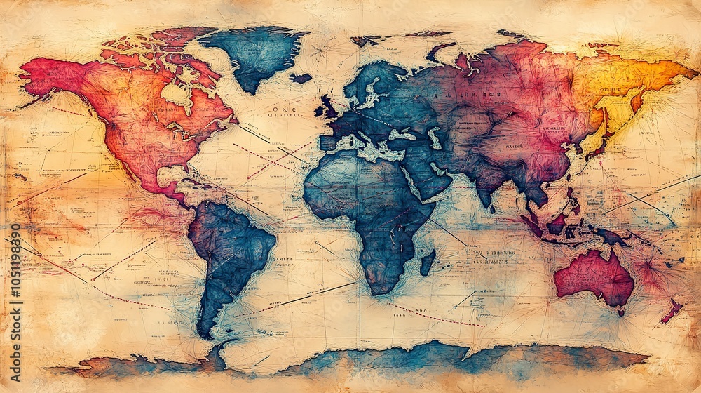 Poster hand-drawn map of the world with arrows showing trade routes, in multiple colors.