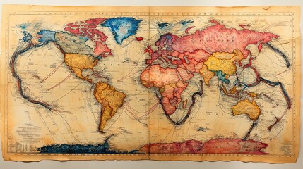 Naklejka premium hand-drawn map of the world with arrows showing trade routes, in multiple colors.illustration