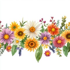 Naklejka premium Vibrant floral composition celebrating nature's beauty with a variety of colorful wildflowers and greenery