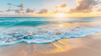 Fototapeta premium Experience a stunning sunset over a serene tropical beach, where vibrant colors meet soft waves and fluffy clouds.
