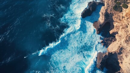 Obraz premium dramatic aerial perspective of the ocean, highlighting vibrant blue waves breaking against rocky cliffs.