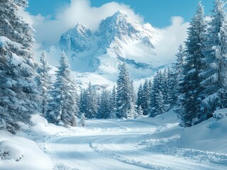 Fototapeta premium Snowy path through mountain forest. Perfect for winter, nature, and travel themes.