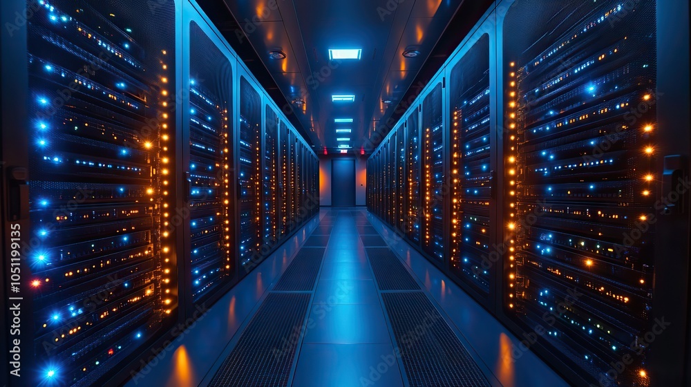 Poster high-tech dat center with rows of black and blue computer racks, with glowing LED screens illuminating the space.image