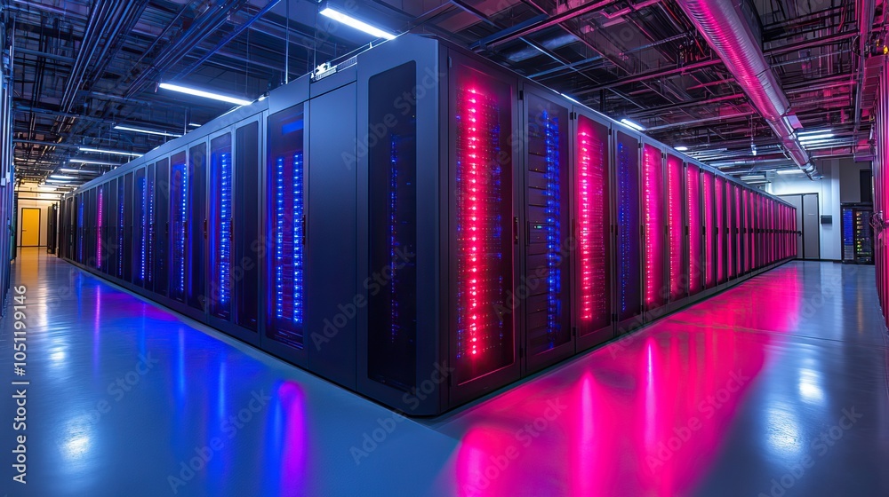 Poster high-tech dat center with rows of black and blue computer racks, with glowing LED screens illuminating the space.stock photo