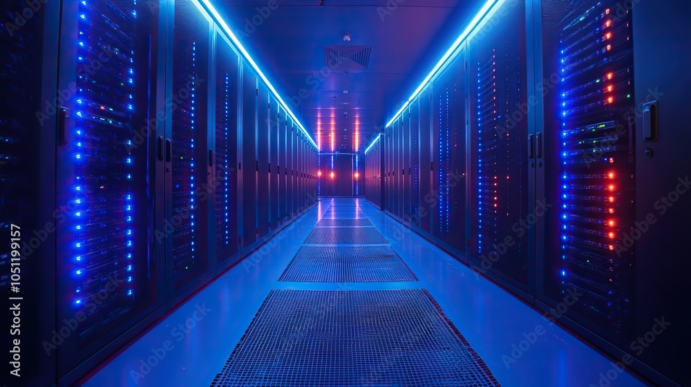 Poster high-tech dat center with rows of black and blue computer racks, with glowing LED screens illuminating the space.