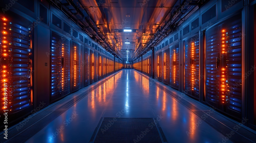 Fototapete high-tech dat center with rows of black and blue computer racks, with glowing led screens illuminati