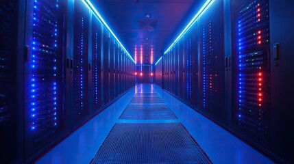 Fototapeta premium high-tech dat center with rows of black and blue computer racks, with glowing LED screens illuminating the space.