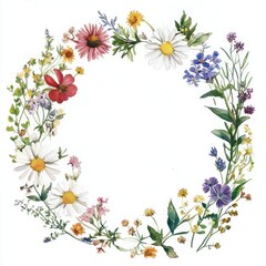 Obraz premium A beautiful floral wreath design featuring vibrant wildflowers perfect for spring themes and celebrations
