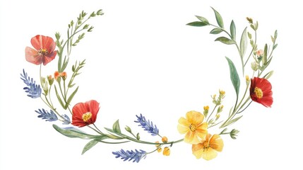 Fototapeta premium Delicate floral wreath design featuring vibrant wildflowers and greenery for elegant decorations