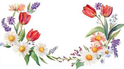 Fototapeta premium Elegant floral frame design featuring vibrant red tulips and delicate wildflowers for creative projects