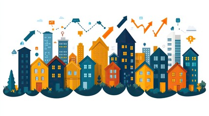 Obraz premium housing market graph with houses and arrows, symbolizing the steady rise of real estate values over time.illustration
