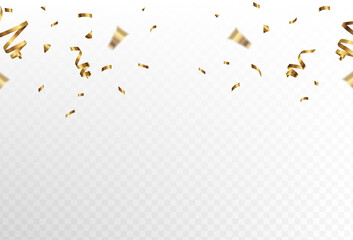 Gold confetti and ribbon streamers falling on a transparent background.Details. blur. Vector