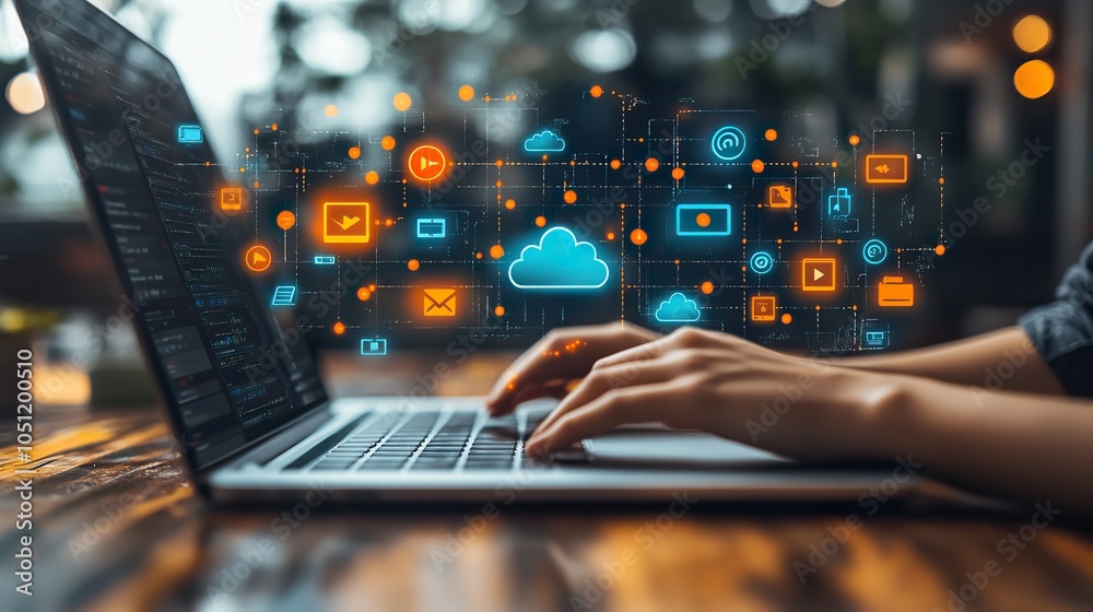 Poster laptop user interacts with cloud storage icons, symbolizing seamless dat transfer between devices over the internet.illustration