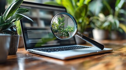 laptop with magnifying glass focused on real estate website, suggesting detailed online property searches.