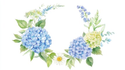 Delicate watercolor floral wreath featuring hydrangeas daisies and greenery for elegant decor