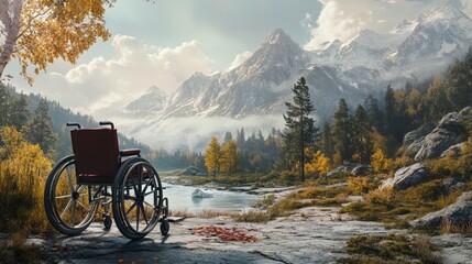 Fototapeta premium The wheelchair is on the left side of the image against a park background with mountains and a river in the background. International Day of Persons with Disabilities.