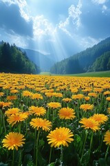 Obraz premium A field of yellow wildflowers with a blue sky and mountains in the background. The photo features a field of dandelions and represents nature's beauty and simplicity.