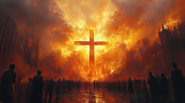 large cross in the center of an art painting surrounded by hopeful people gazing at it.stock photo