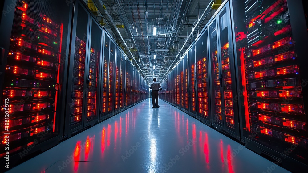 Poster large dat center with rows of advanced computer equipment, with one person working in the middle.