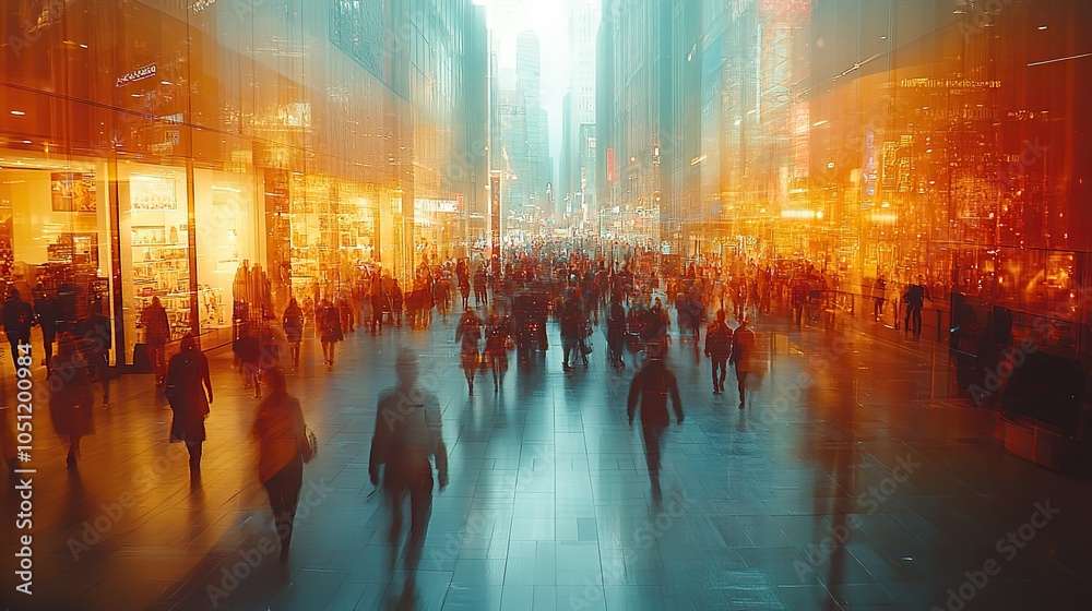 Poster large crowd walking through shopping mall, with double exposure photography effect creating busy sce