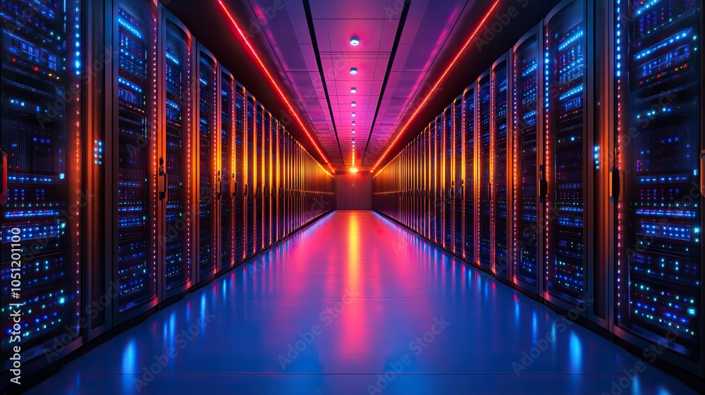 Poster large dat center with rows of black and blue server racks, illuminated by LED lights showcasing advanced equipment.
