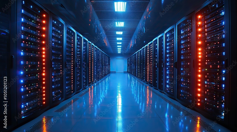 Poster large dat center with rows of black and blue server racks, illuminated by led lights showcasing adva