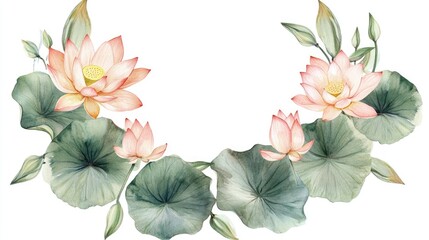 Fototapeta premium Elegant watercolor lotus flowers and leaves arrangement for tranquil decor and nature inspiration