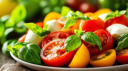 A vibrant platter of fresh tomatoes and basil leaves, showcasing a colorful assortment of heirloom varieties, perfect for a healthy, delicious summer salad.