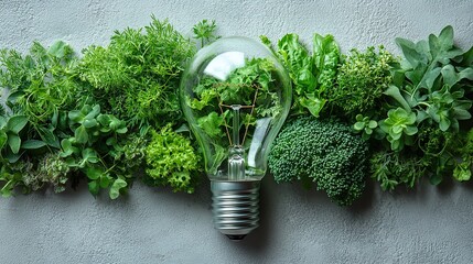 light bulb with vibrant green plants inside on white background represents eco-friendly innovation.illustration