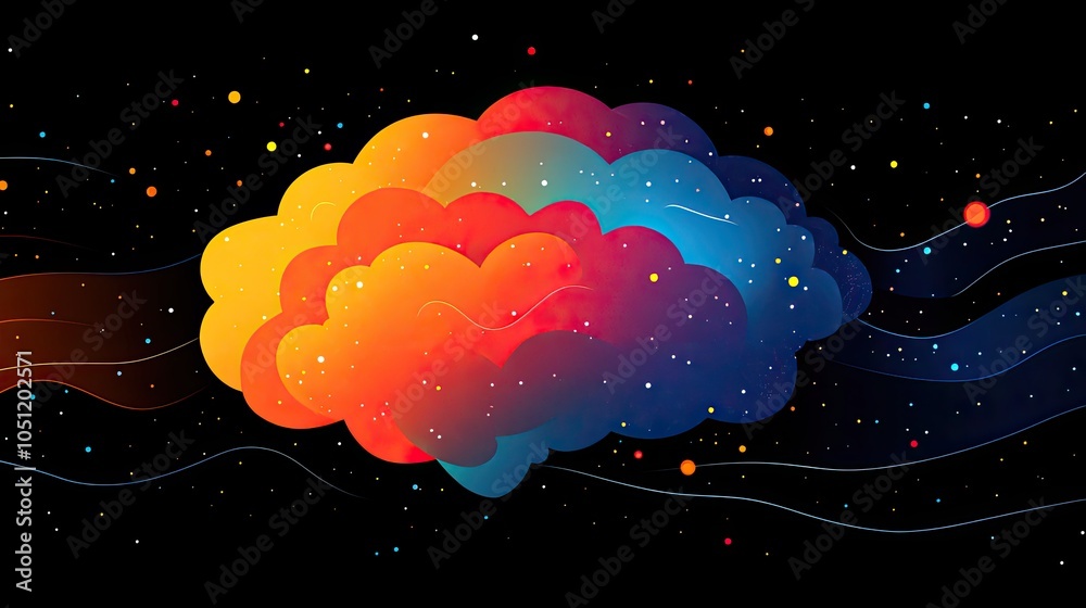 Poster logo featuring an abstract brain made of colorful lines and dots on black background.stock photo