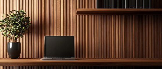 Modern workspace featuring a sleek laptop and a decorative plant against a stylish wooden wall, ideal for showcasing contemporary office design.