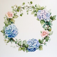 Elegant floral wreath with hydrangeas and roses a serene botanical design for home decor