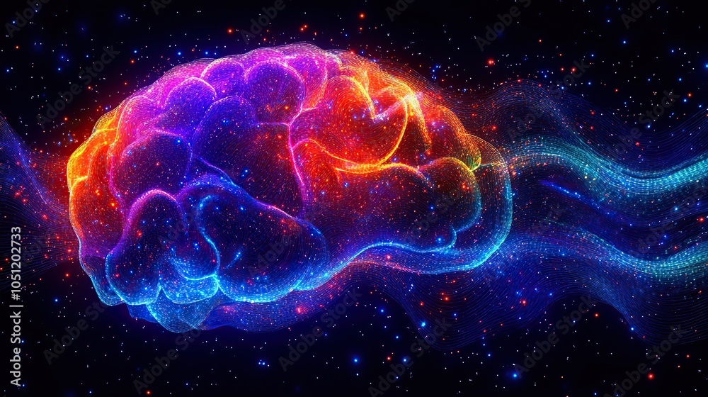 Poster logo of the human brain is formed from colorful lines on black background, representing creativity a