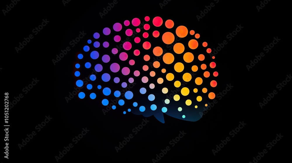 Poster logo of the human brain, formed by connecting colorful lines and dots on black background, symbolize