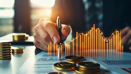 close up businessman hand holding pen with gold coins and digital financial graph floating 