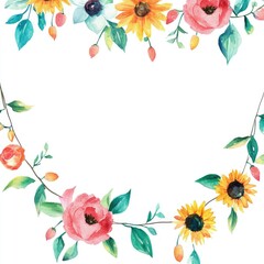Fototapeta premium Elegant floral frame featuring vibrant sunflowers and delicate blossoms for creative design projects