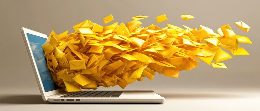A laptop with an explosion of yellow envelopes, representing digital communication and email overload.