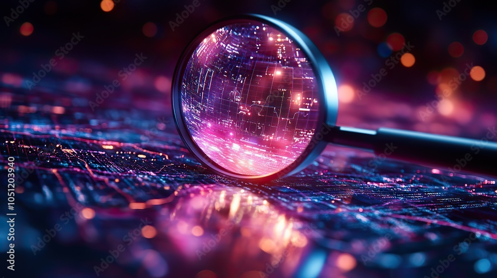 Poster magnifying glass highlighting dat curves and charts, set against purple and blue background, symboli