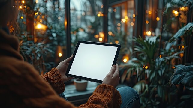 man holding tablet with blank white screen, ideal for digital content or mockups.illustration