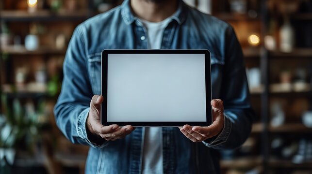 man holding tablet with blank white screen, ideal for digital content or mockups.