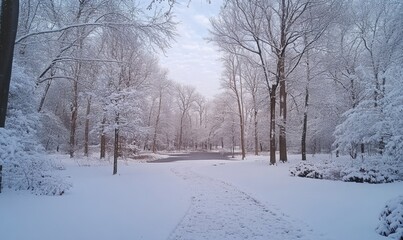 Fototapeta premium Serene Winter Snowfall in Tranquil Forest Perfect for Christmas and New Year Cards