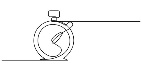 Continuous one line drawing of vintage alarm clock. Single line art illustration on the theme of time, deadline, morning, time to work on transparent background, Clock with arrow. One thin line