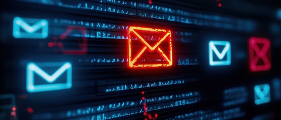 Digital communication icons with glowing email symbols on a dark background, representing modern messaging systems and technology.