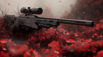 Sniper Rifle in a Field of Red Flowers