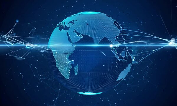 A digital globe made up of blue dots and lines, rotating against a dark blue background.