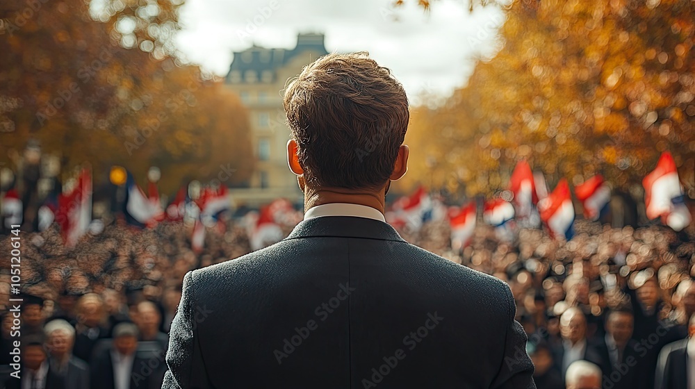 Poster man in suit standing in front of crowd, with waving flags in the background, viewed from behind.stoc