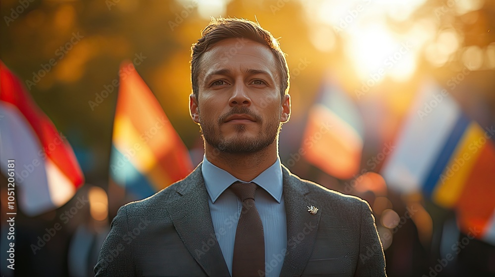 Poster man in suit standing in front of crowd, with waving flags in the background, viewed from behind.image
